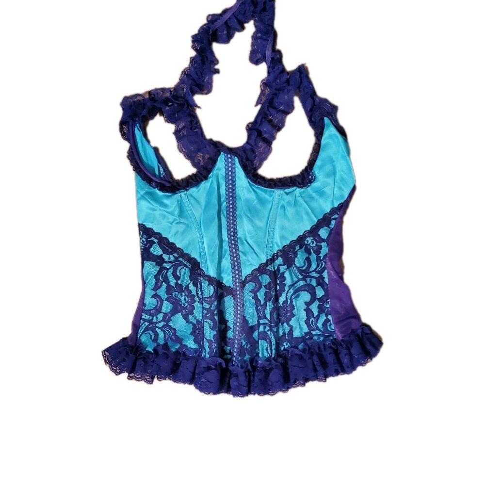 Y2K Frederick’s of Hollywood Blue Purple Lace Cupless Boned Halter Corset 3x